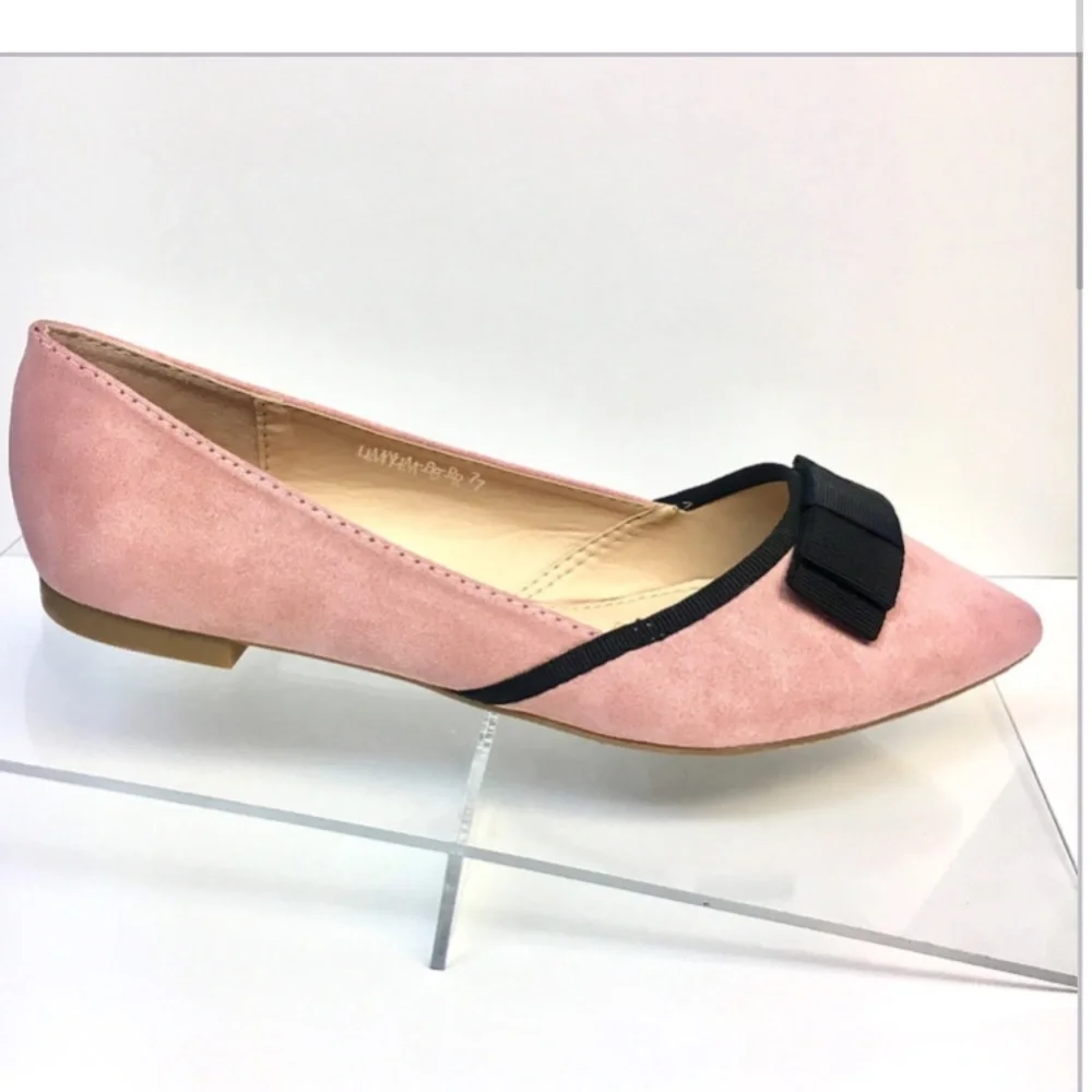 Pink Pointed Toe Flats with Black Bow - Faux Suede - Picture 3 of 7